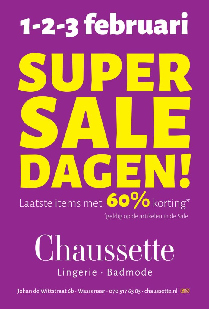 super sale dagen op 1, 2 en 3 februari 2024 met 60% korting op de laatste sale items bij Chaussette lingerie en badmode